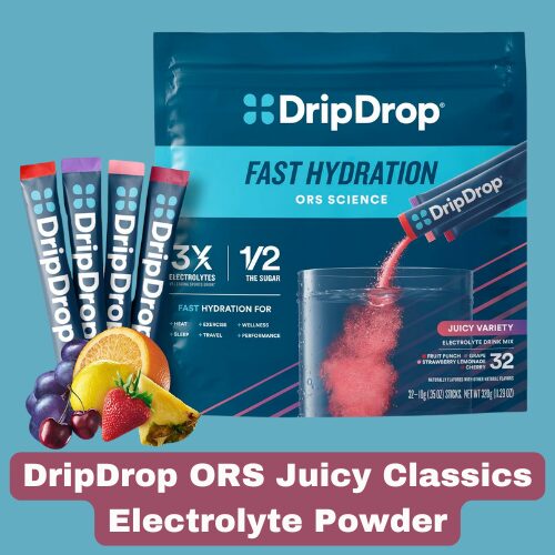 DripDrop ORS Juicy Classics Electrolyte Powder DripDrop Hydration - Juicy Variety Pack - Electrolyte Drink Mix Single Serve Powder Packets - Grape, Fruit Punch, Strawberry Lemonade, Cherry